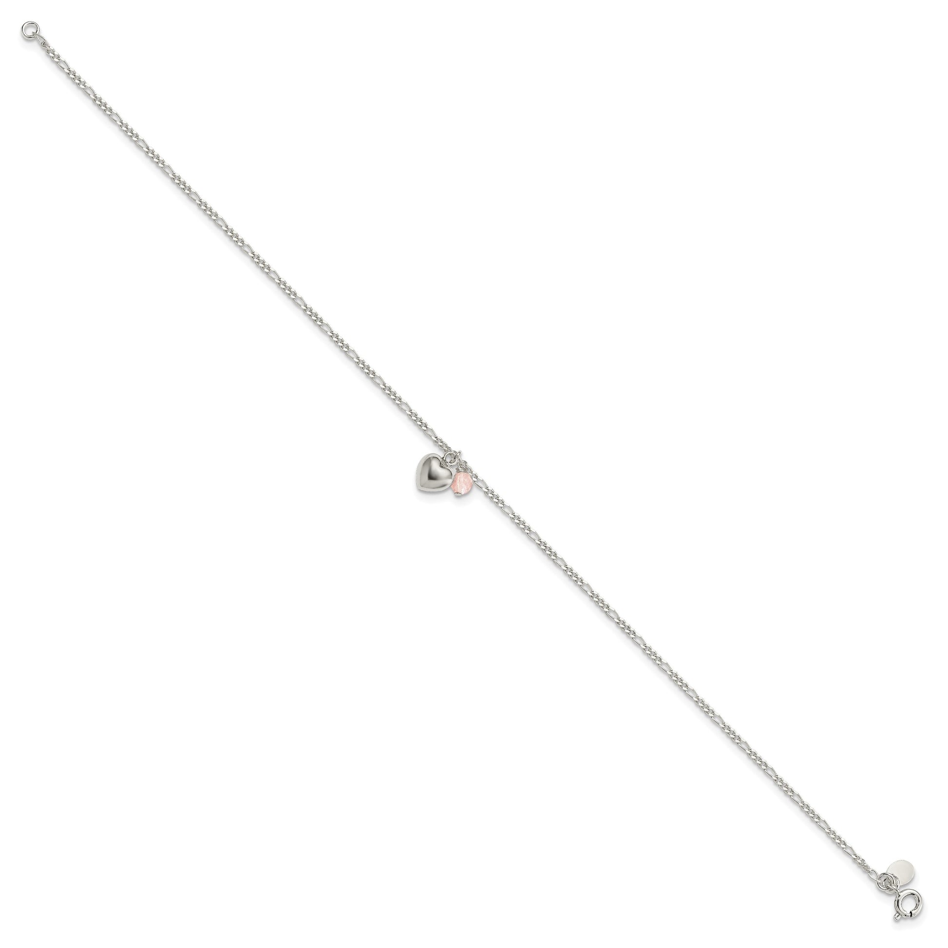 Sterling Silver Cherry Quartz Dangling Hearts on Figaro Link Anklet