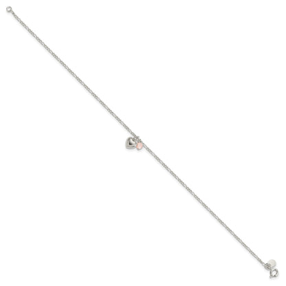 Sterling Silver Cherry Quartz Dangling Hearts on Figaro Link Anklet