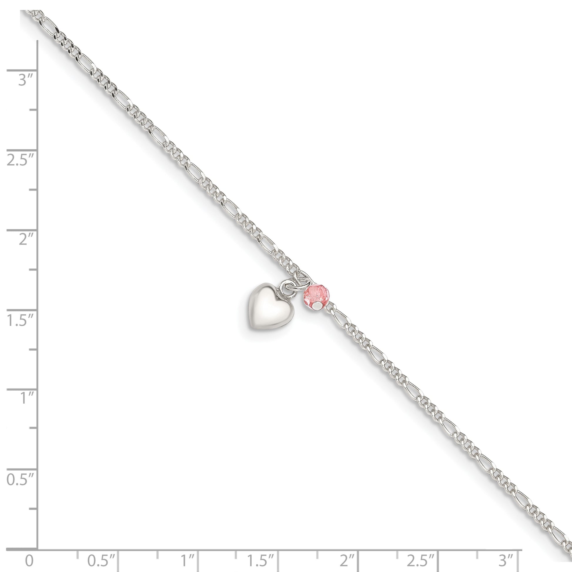 Sterling Silver Cherry Quartz Dangling Hearts on Figaro Link Anklet