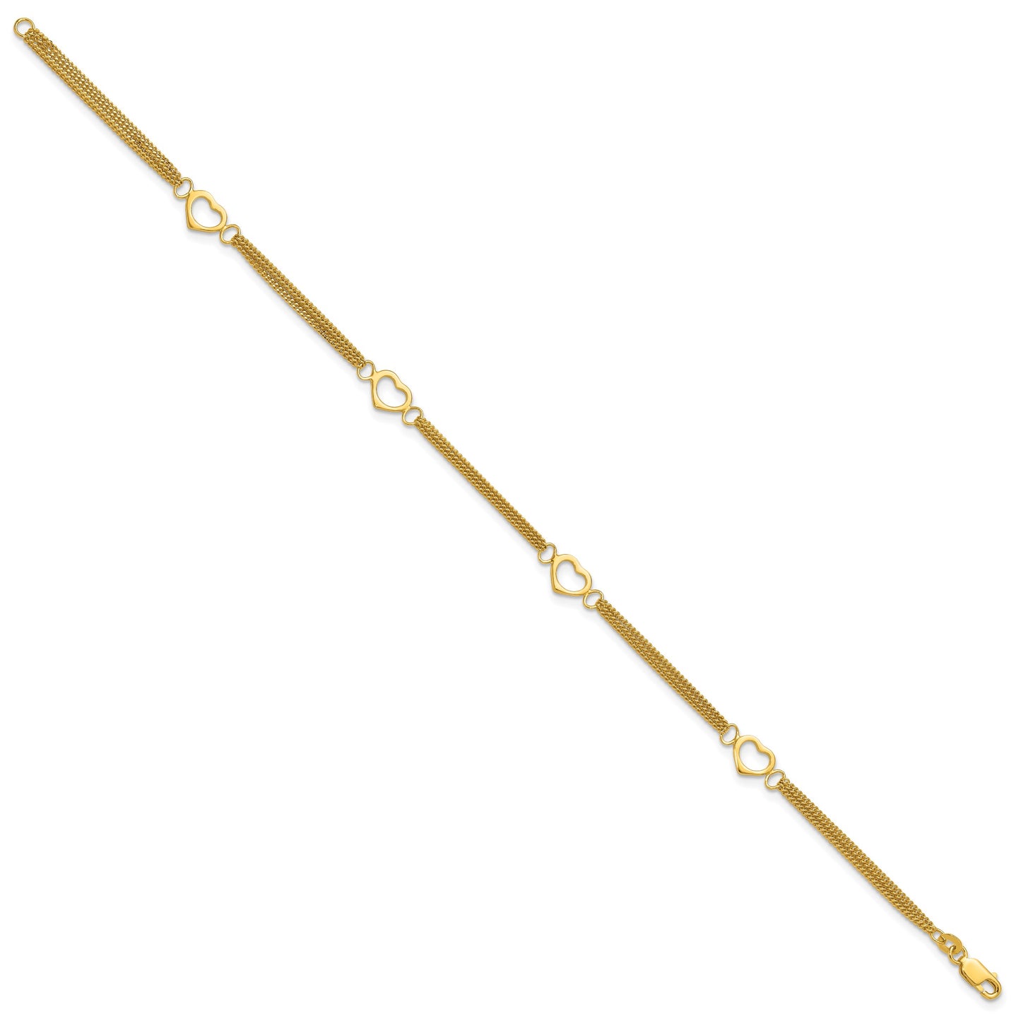 Sterling Silver Gold-tone Polished Heart Multi-Strand 10in Anklet