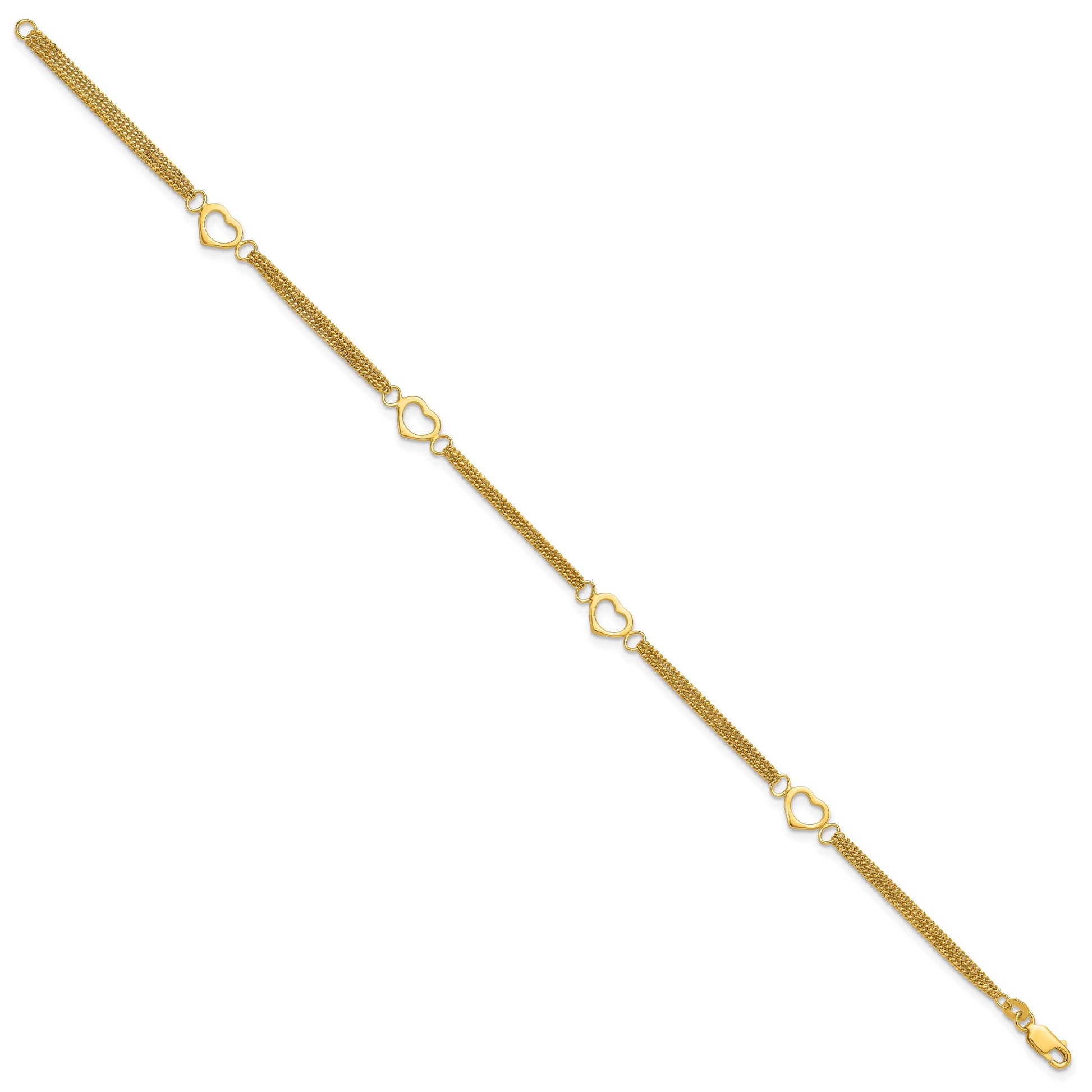 Sterling Silver Gold-tone Polished Heart Multi-Strand 10in Anklet