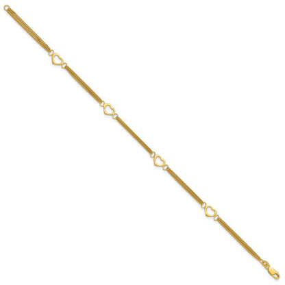 Sterling Silver Gold-tone Polished Heart Multi-Strand 10in Anklet