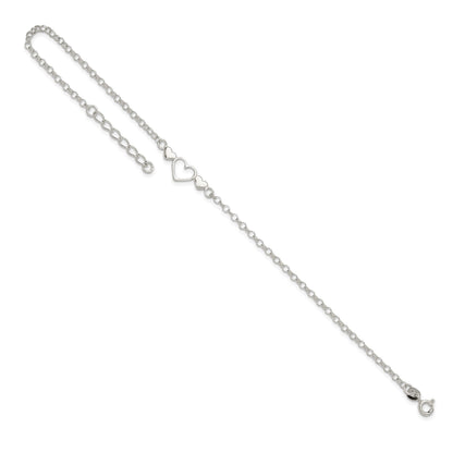 Sterling Silver Three Hearts  9 inch Plus 1 inch Extender - Total 10 inch Anklet