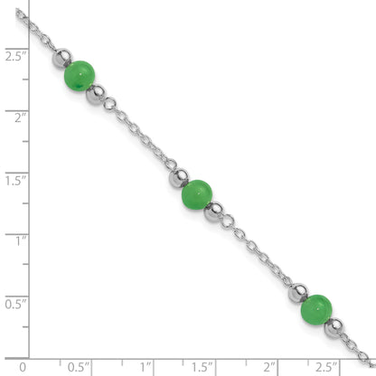 Sterling Silver Rhodium-plated 9inch Polished Green Jade Anklet