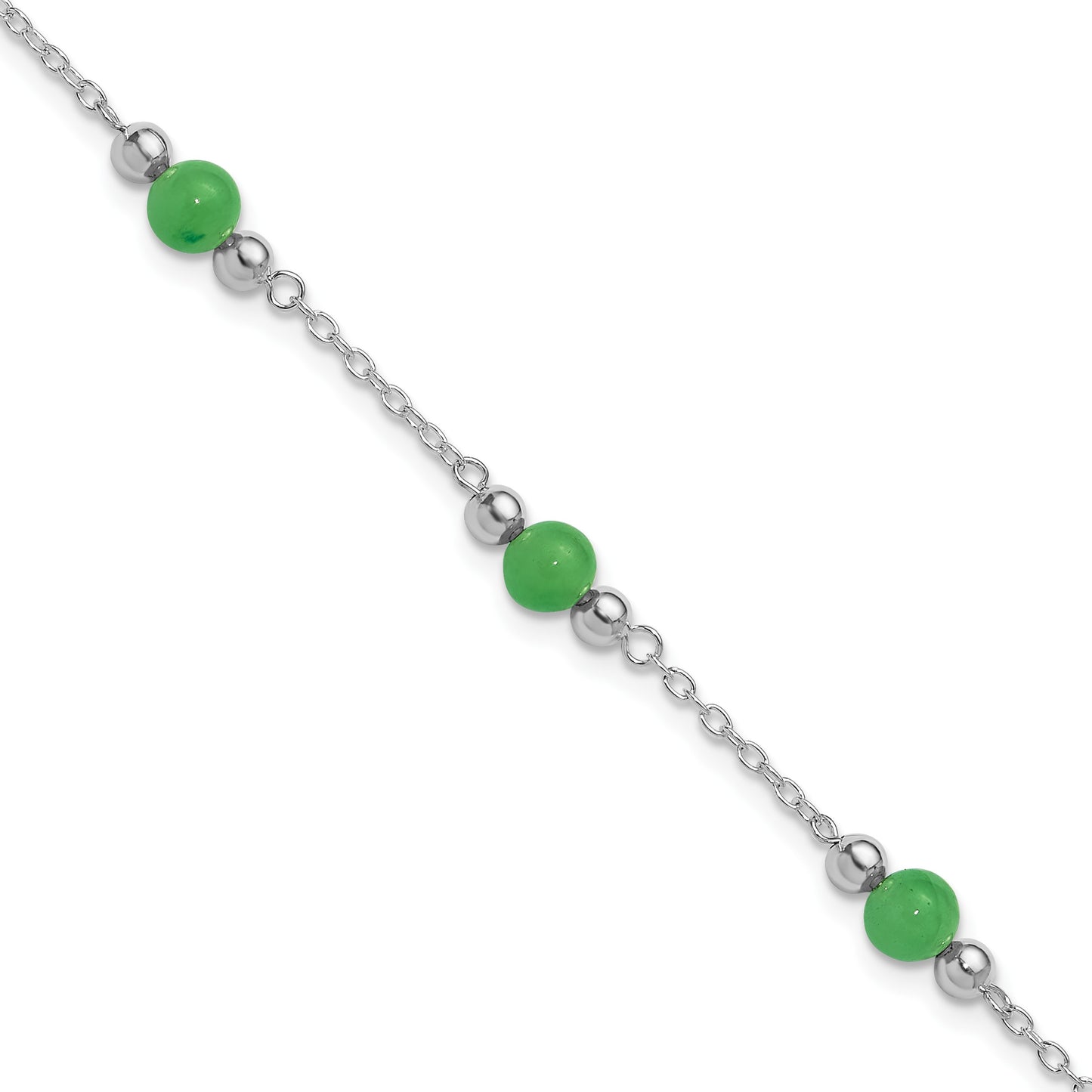 Sterling Silver Rhodium-plated 9inch Polished Green Jade Anklet