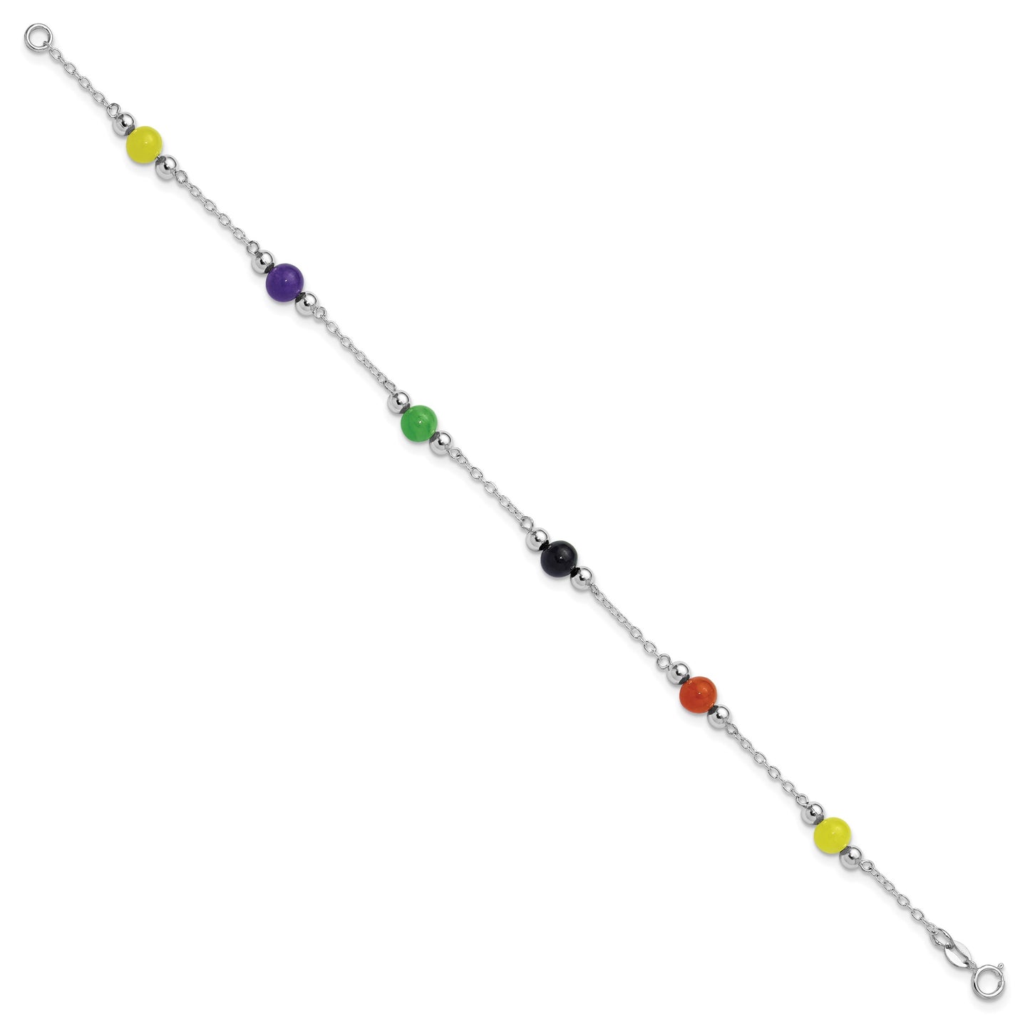Sterling Silver Rhodium-plated 9inch Polished Multi-Color Jade Anklet