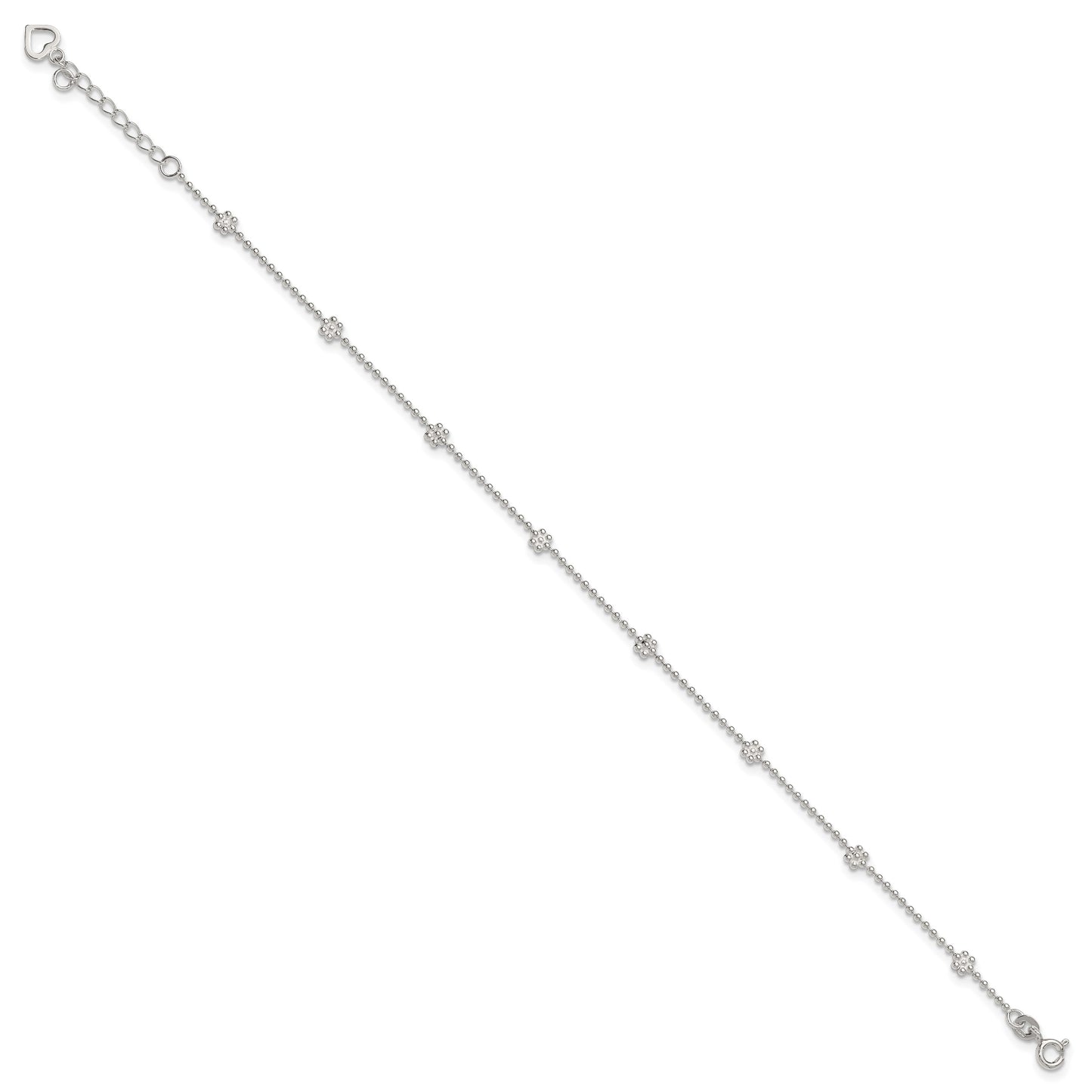 Sterling Silver Flowers 8-Station 9 inch Plus 1 inch Extender - Total 10 inch Anklet