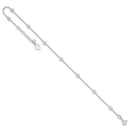 Sterling Silver Flowers 8-Station 9 inch Plus 1 inch Extender - Total 10 inch Anklet