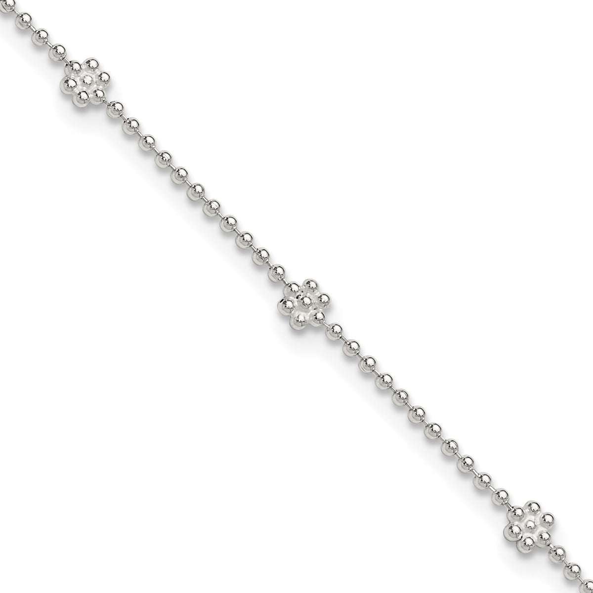 Sterling Silver Flowers 8-Station 9 inch Plus 1 inch Extender - Total 10 inch Anklet
