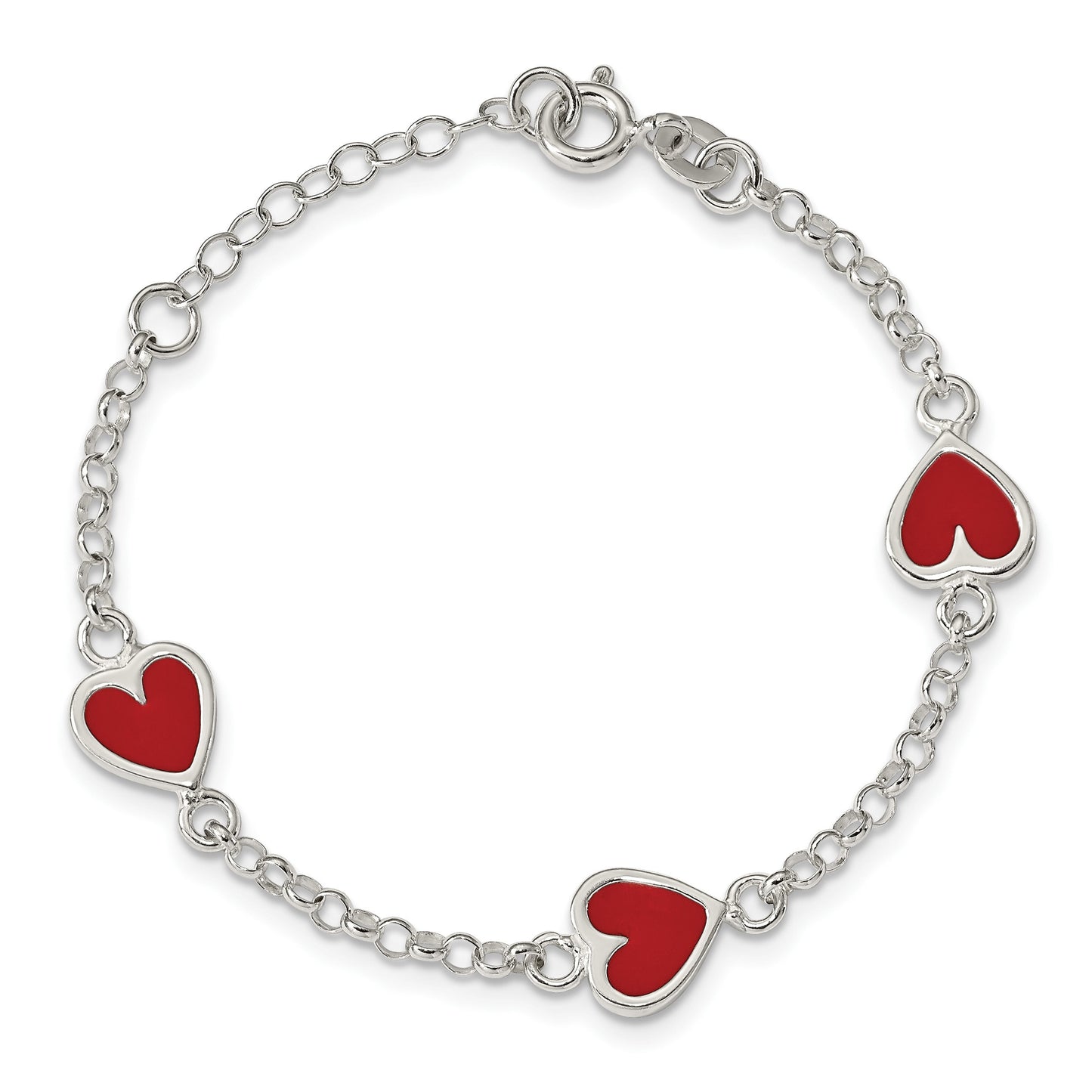 Sterling Silver Polished & Red Enamel Heart w/ 1in ext Children's Bracelet