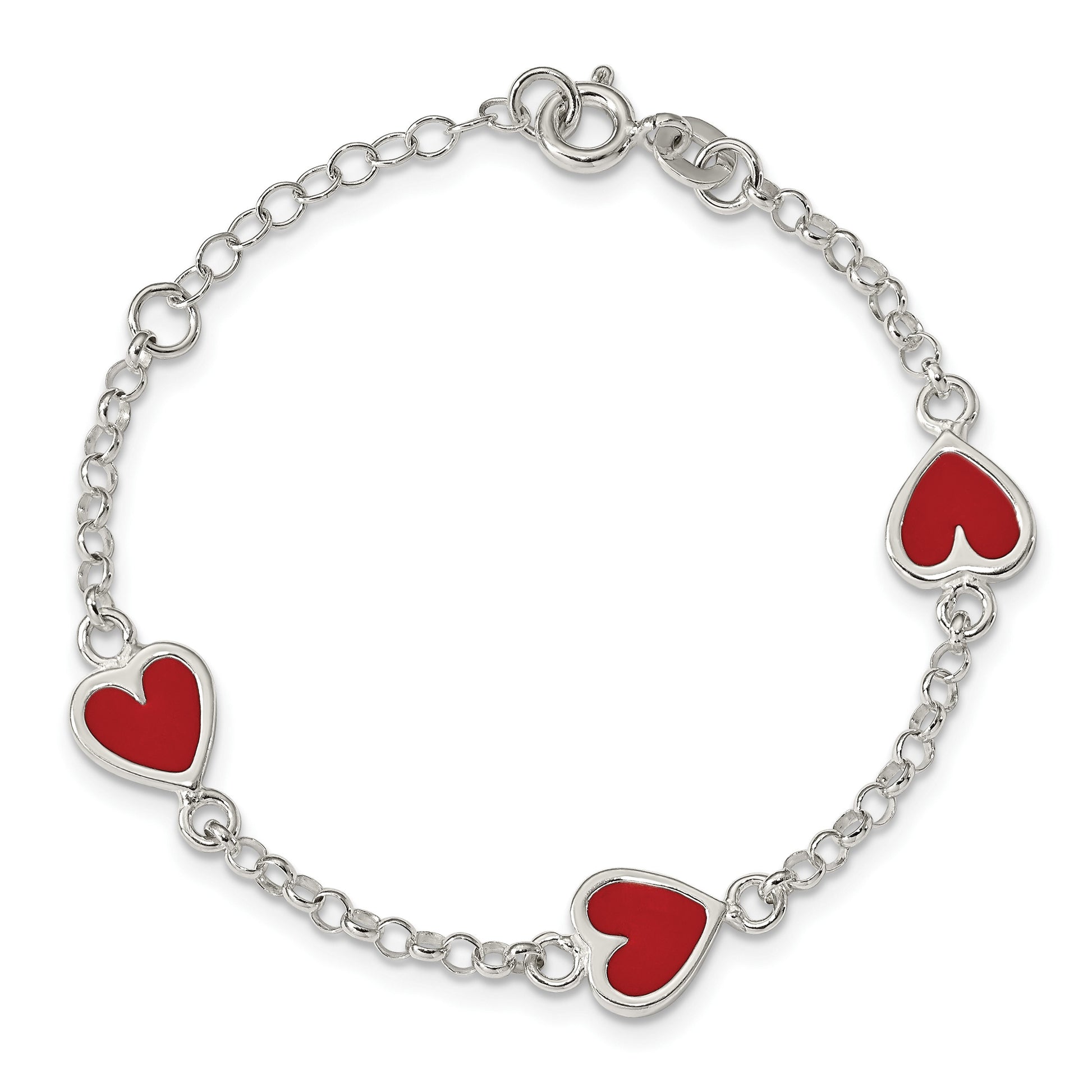 Sterling Silver Polished & Red Enamel Heart w/ 1in ext Children's Bracelet