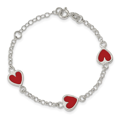 Sterling Silver Polished & Red Enamel Heart w/ 1in ext Children's Bracelet