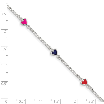 Sterling Silver Polished & Multi-color Enameled Hearts with 1 Inch Extension Children's Bracelet