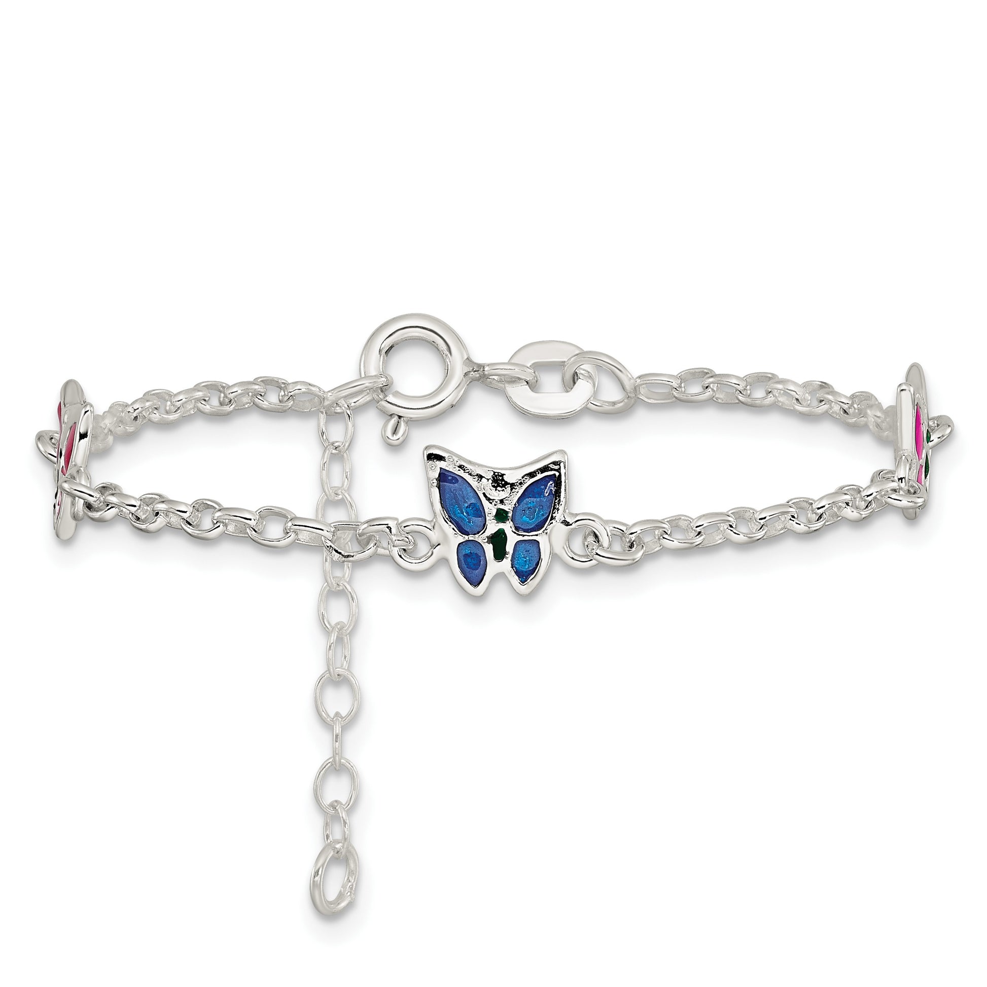 Sterling Silver Multi-color Enamel Butterfly w/ 1in ext. Children's Bracele