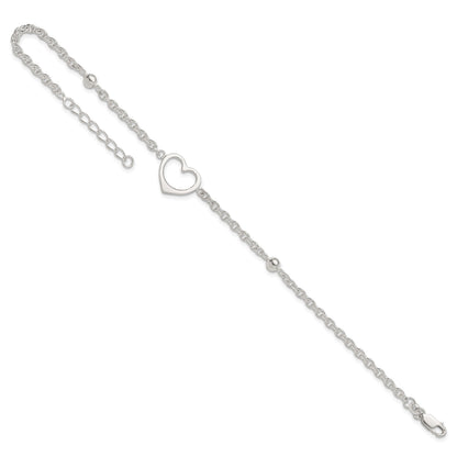 Sterling Silver Open Heart and Bead 9 inch Plus 1 inch Extender - Total 10 inch Anklet