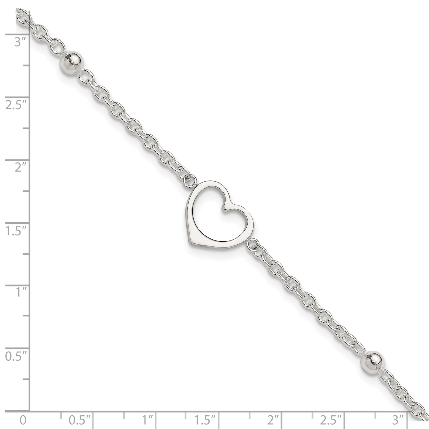 Sterling Silver Open Heart and Bead 9 inch Plus 1 inch Extender - Total 10 inch Anklet