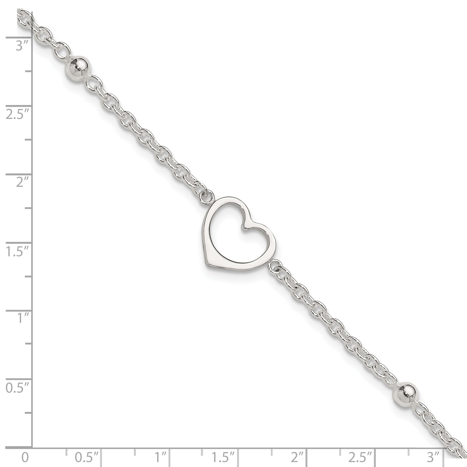Sterling Silver Open Heart and Bead 9 inch Plus 1 inch Extender - Total 10 inch Anklet