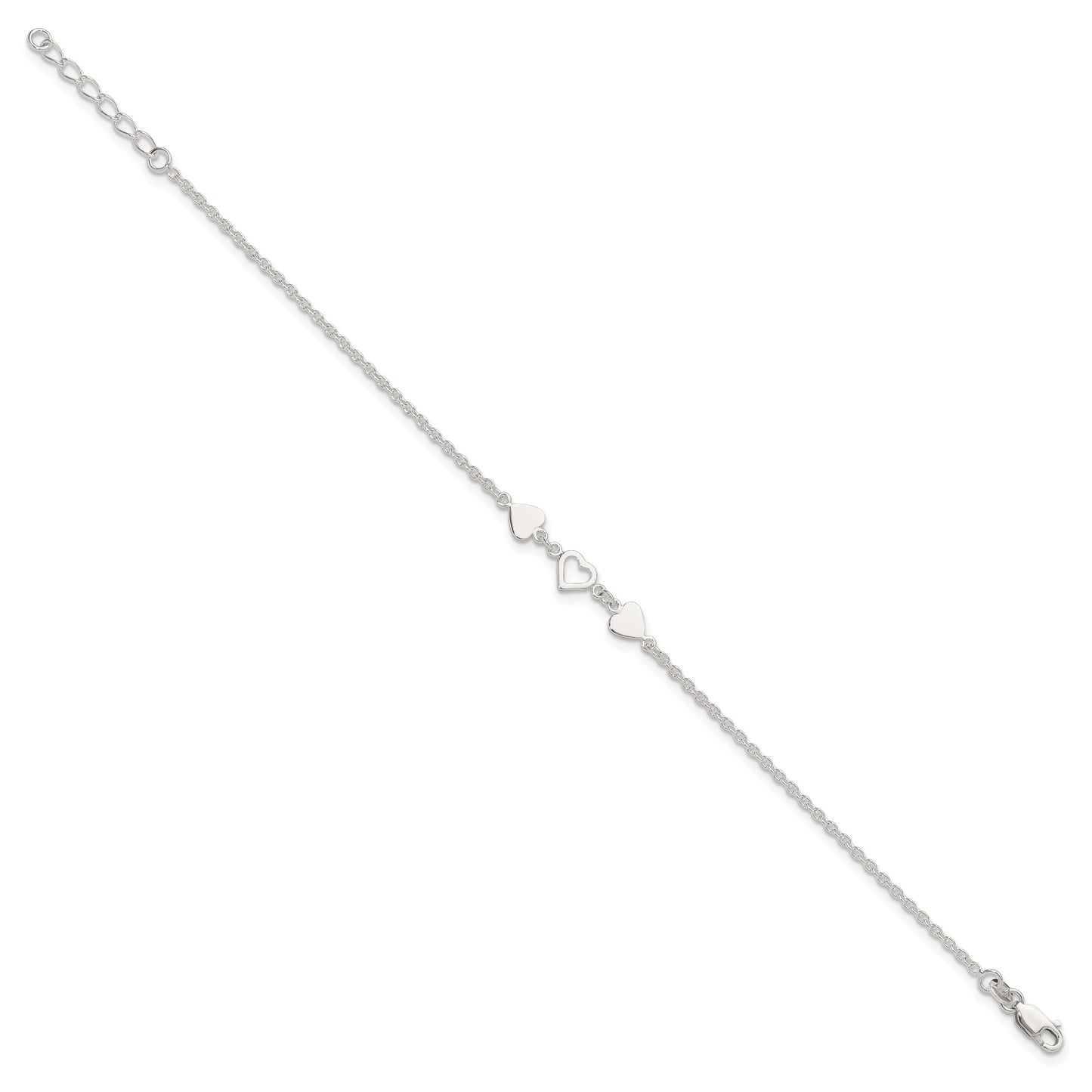 Sterling Silver Three Hearts 8 inch Plus 1 inch Extender - Total 9 inch Anklet