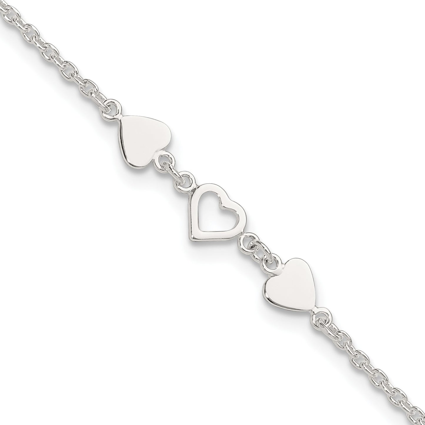 Sterling Silver Three Hearts 8 inch Plus 1 inch Extender - Total 9 inch Anklet