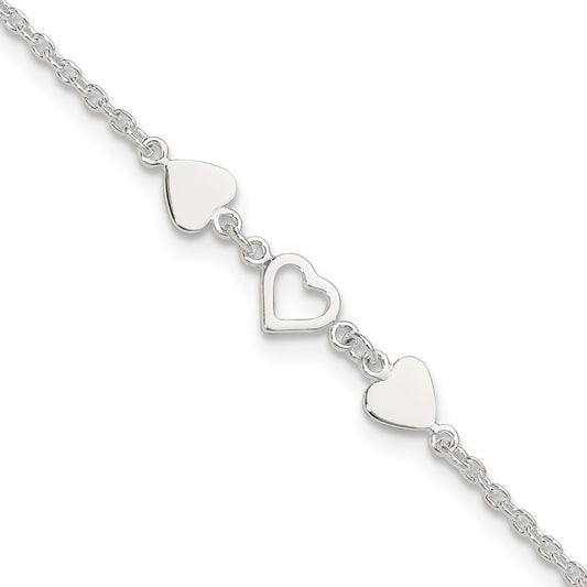 Sterling Silver Three Hearts 8 inch Plus 1 inch Extender - Total 9 inch Anklet