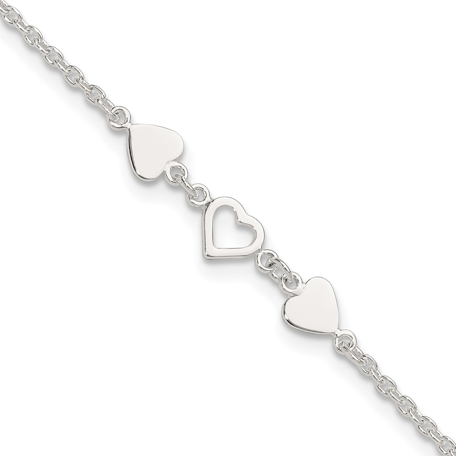 Sterling Silver Three Hearts 9 inch Plus 1 inch Extender - Total 10 inch Anklet