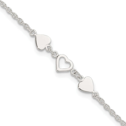 Sterling Silver Three Hearts 9 inch Plus 1 inch Extender - Total 10 inch Anklet