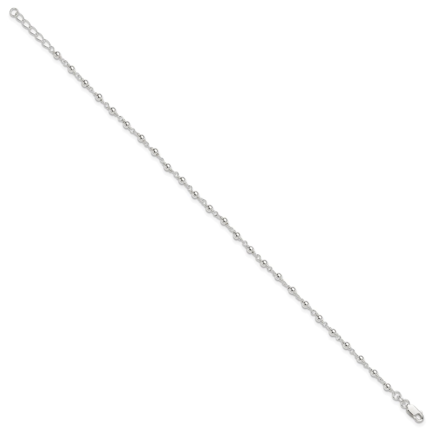 Sterling Silver Beaded 9 inch Plus 1 inch Extender - Total 10 inch Anklet