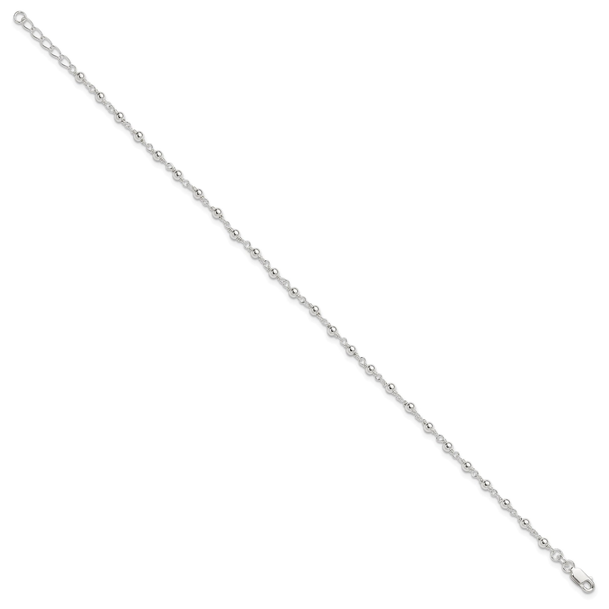 Sterling Silver Beaded 9 inch Plus 1 inch Extender - Total 10 inch Anklet