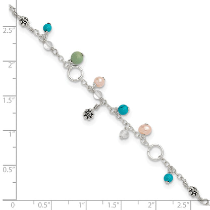 Sterling Silver Turquoise/Clear Bead/FW Cultured Pearl Anklet