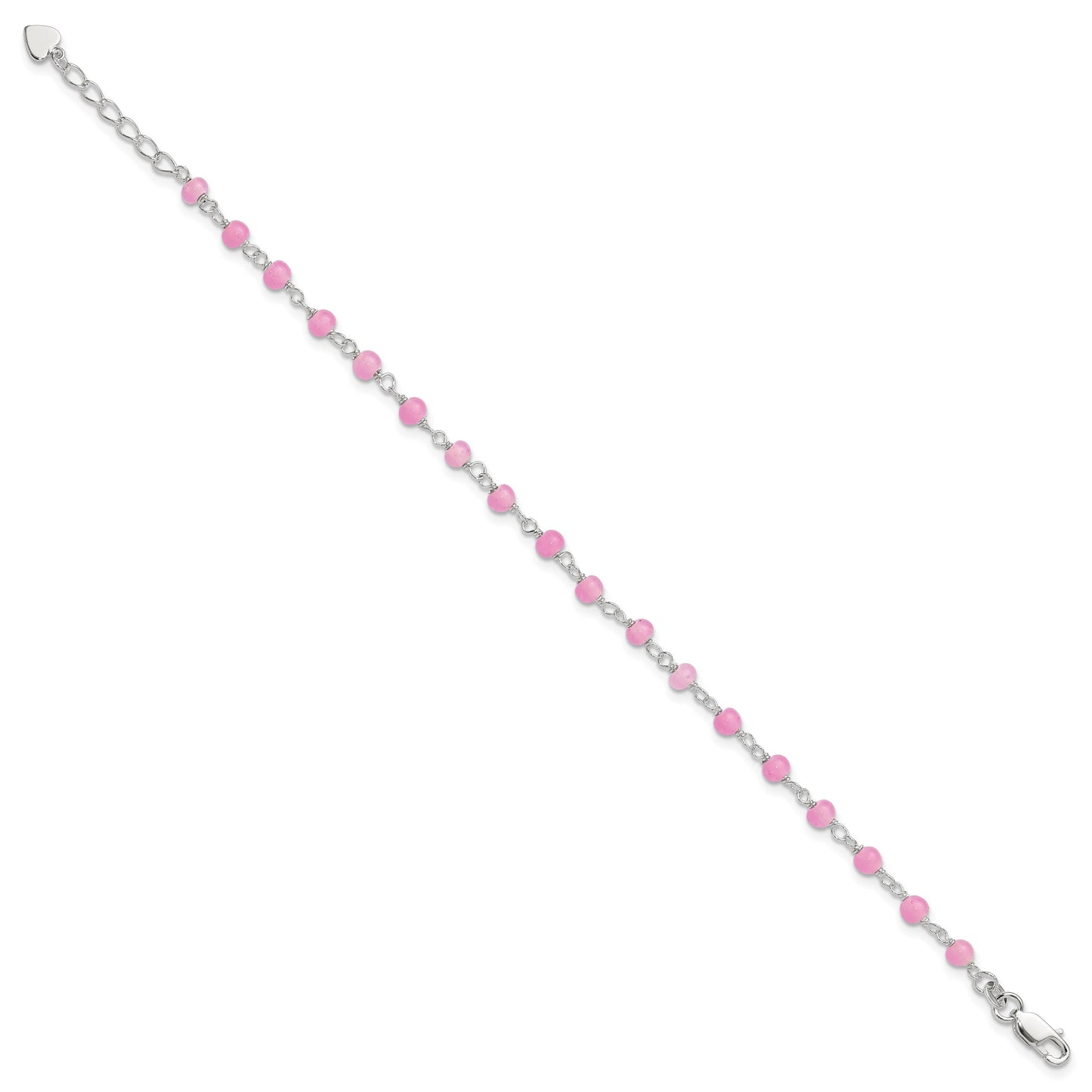 Sterling Silver Pink Glass Bead with Heart Dangle 8 inch Plus 1 inch Extender - Total 9 inch Anklet