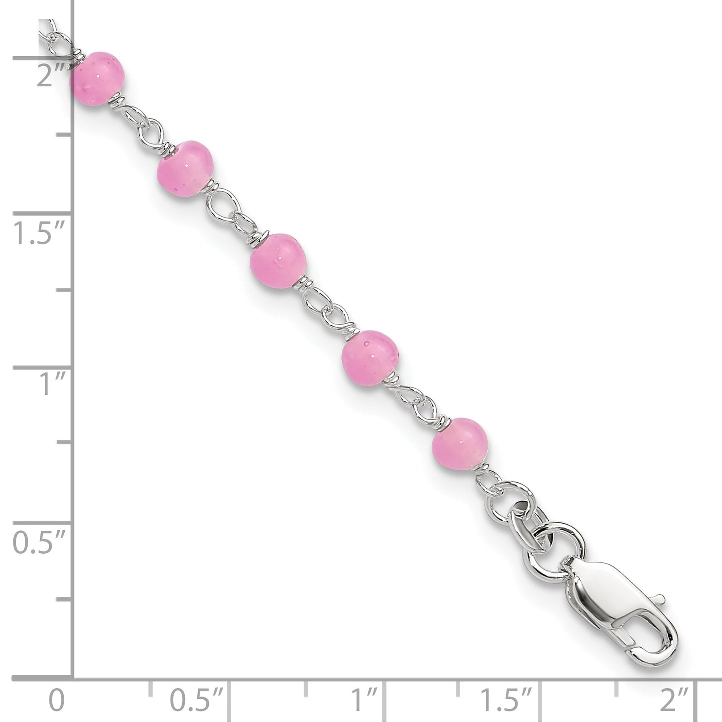 Sterling Silver Pink Glass Bead with Heart Dangle 8 inch Plus 1 inch Extender - Total 9 inch Anklet