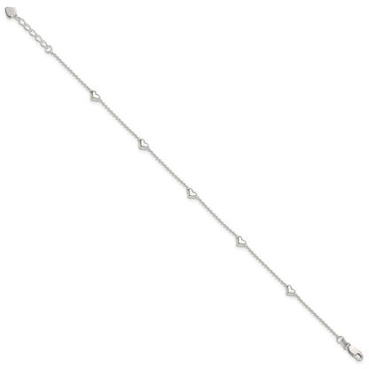 Sterling Silver Puffed Heart 5-Station 9 inch Plus 1 inch Extender - Total 10 inch Anklet