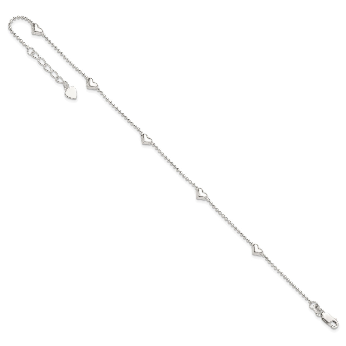 Sterling Silver Puffed Heart 5-Station 9 inch Plus 1 inch Extender - Total 10 inch Anklet