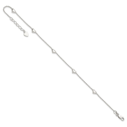 Sterling Silver Puffed Heart 5-Station 9 inch Plus 1 inch Extender - Total 10 inch Anklet