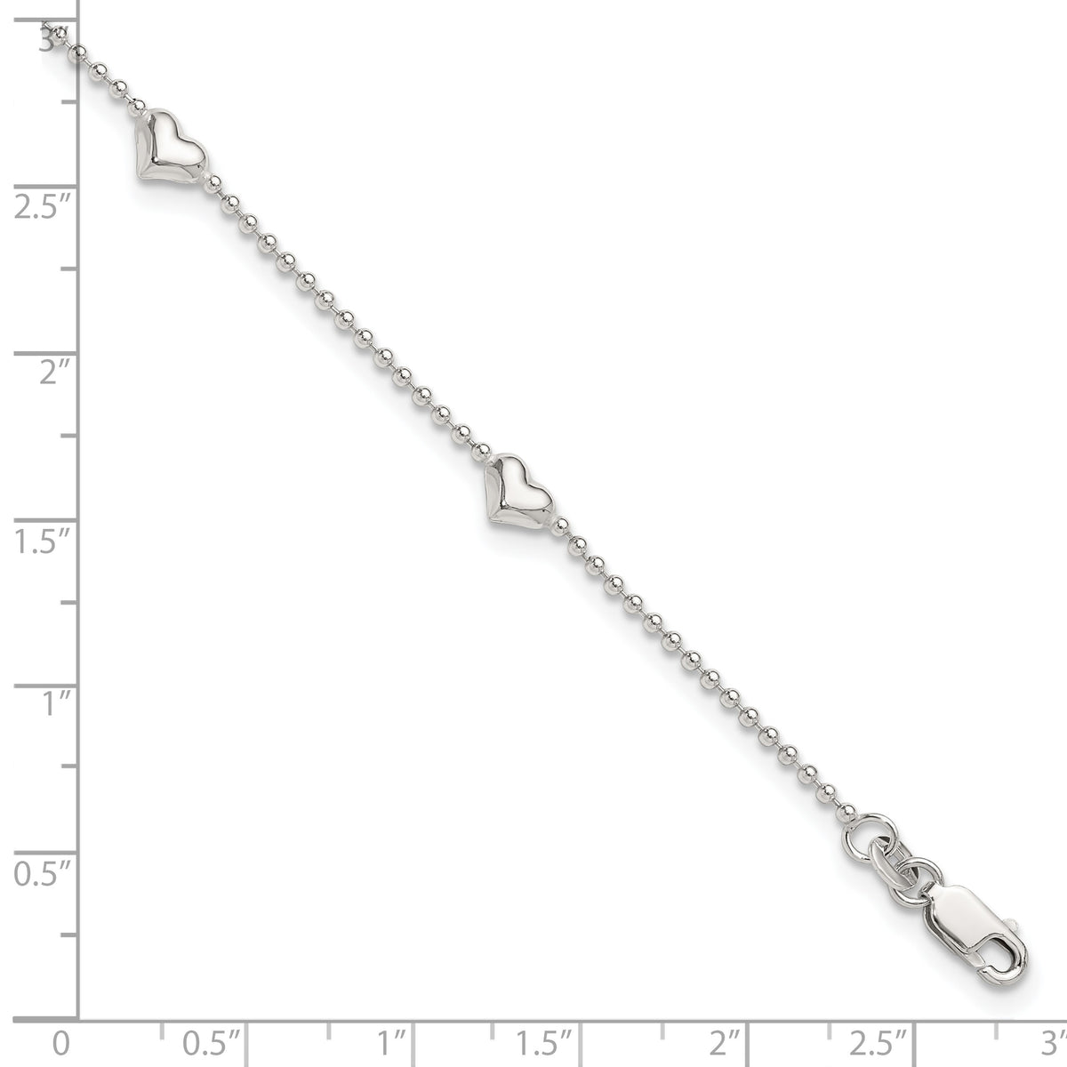 Sterling Silver Puffed Heart 5-Station 9 inch Plus 1 inch Extender - Total 10 inch Anklet