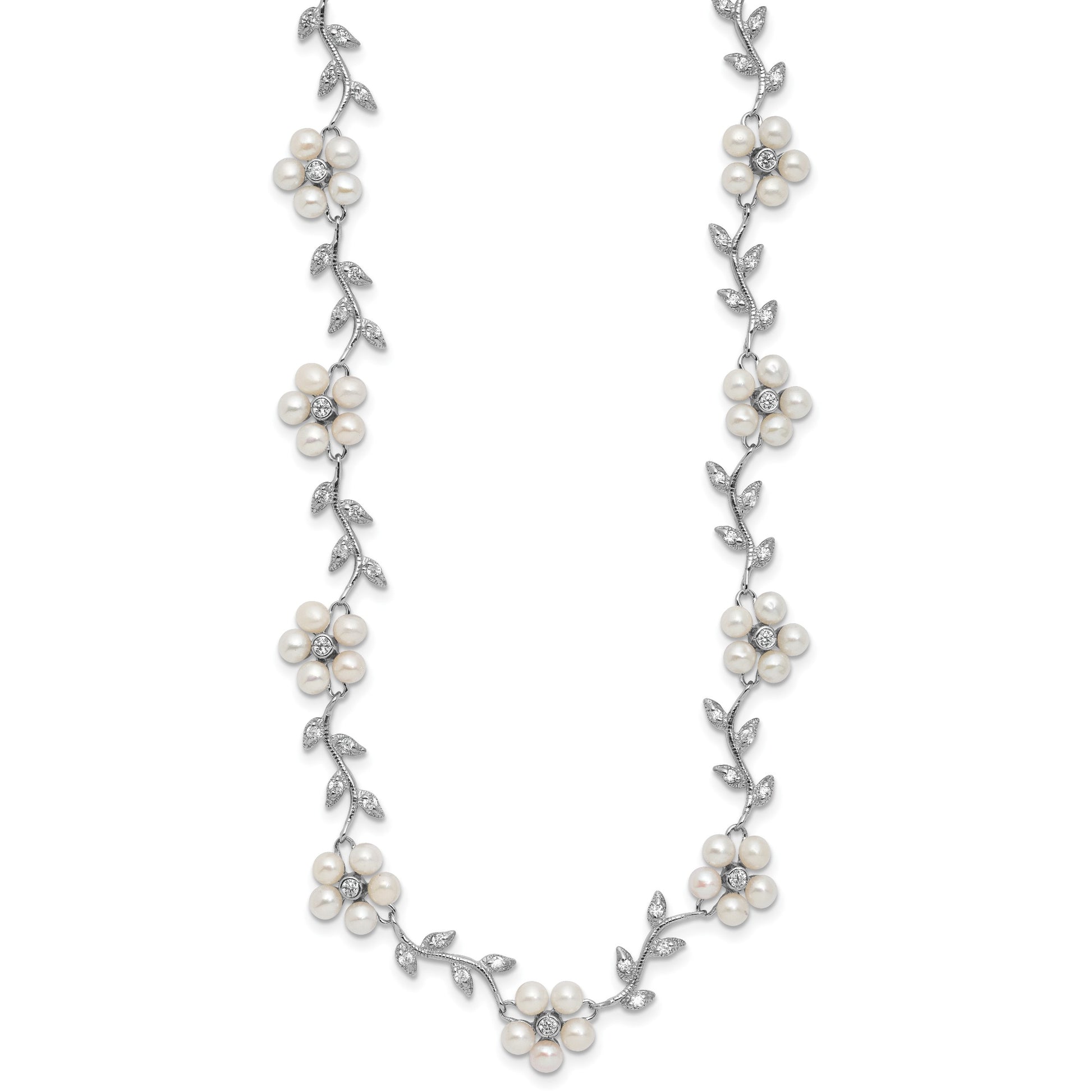 Sterling Silver Rhodium-plated CZ Vine Pattern and Fresheater Cultured Pearl Floral 16 inch Necklace