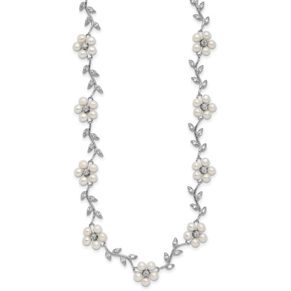 Sterling Silver Rhodium-plated CZ Vine Pattern and Fresheater Cultured Pearl Floral 16 inch Necklace