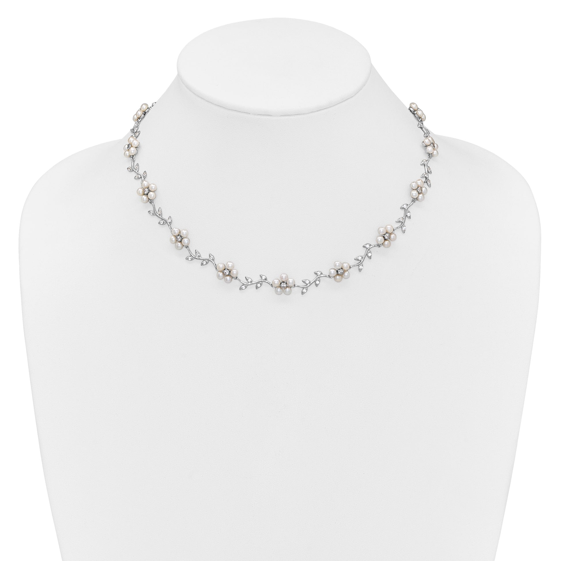 Sterling Silver Rhodium-plated CZ Vine Pattern and Fresheater Cultured Pearl Floral 16 inch Necklace