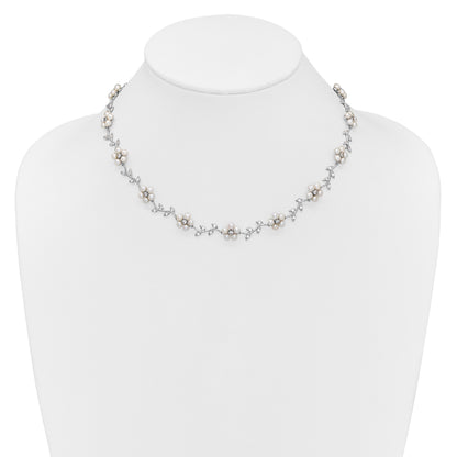 Sterling Silver Rhodium-plated CZ Vine Pattern and Fresheater Cultured Pearl Floral 16 inch Necklace