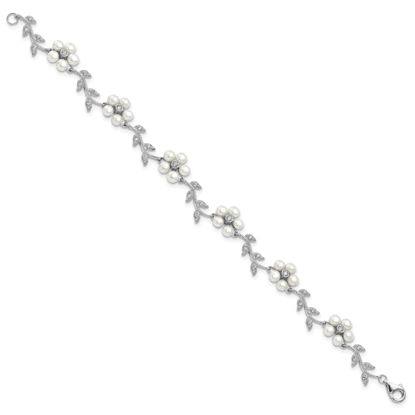 Sterling Silver Rhodium-plated CZ Vine Pattern and Fresheater Cultured Pearl Floral 7 inch Bracelet