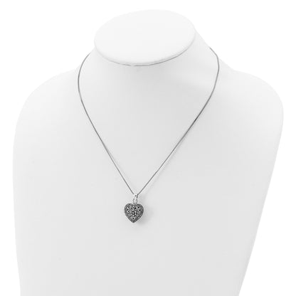 Sterling Silver Rhod-pltd Floral Marcasite Heart Locket 18in Necklace