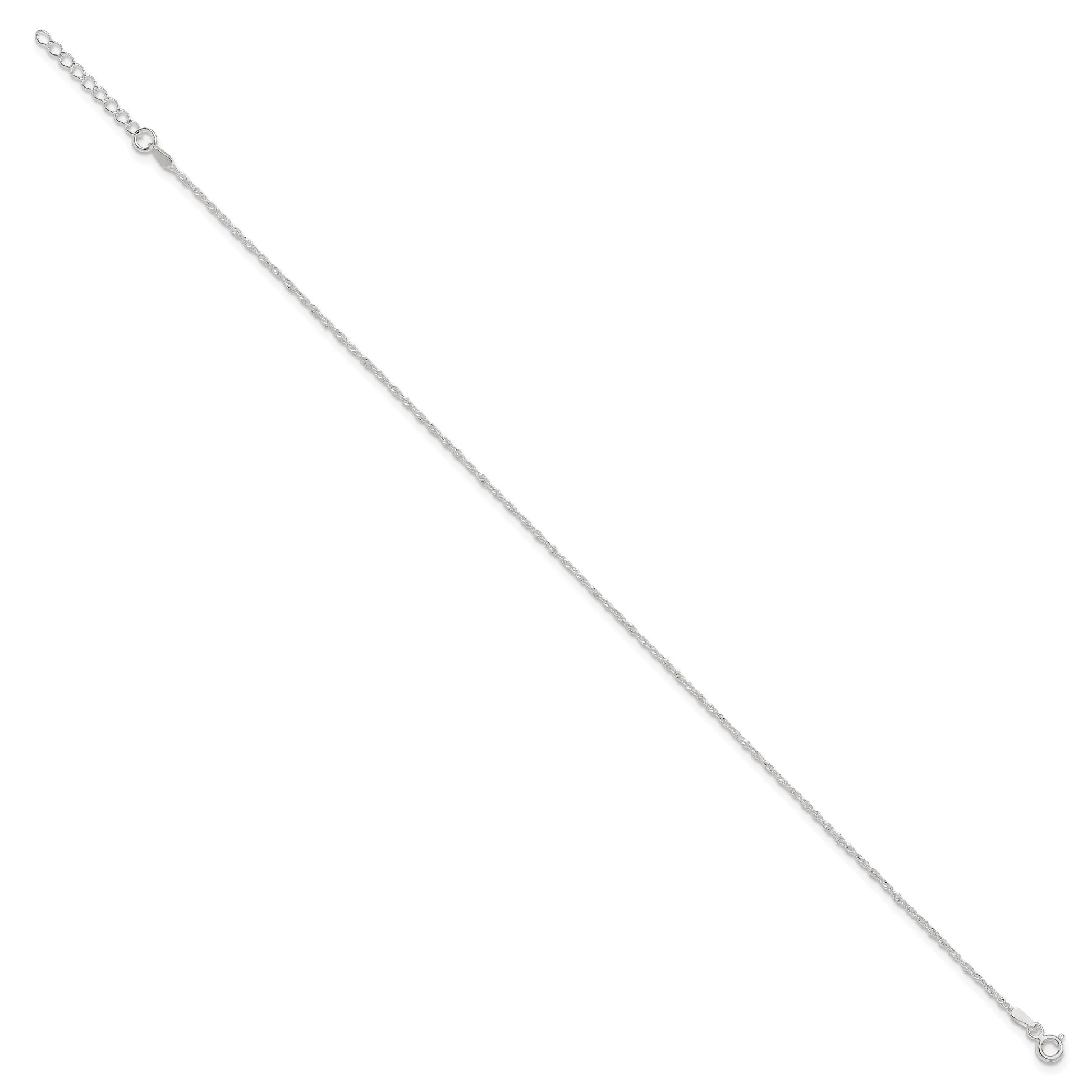 Sterling Silver 1.3mm Singapore Chain 9 inch Plus 1 inch Extender - Total 10 inch Anklet