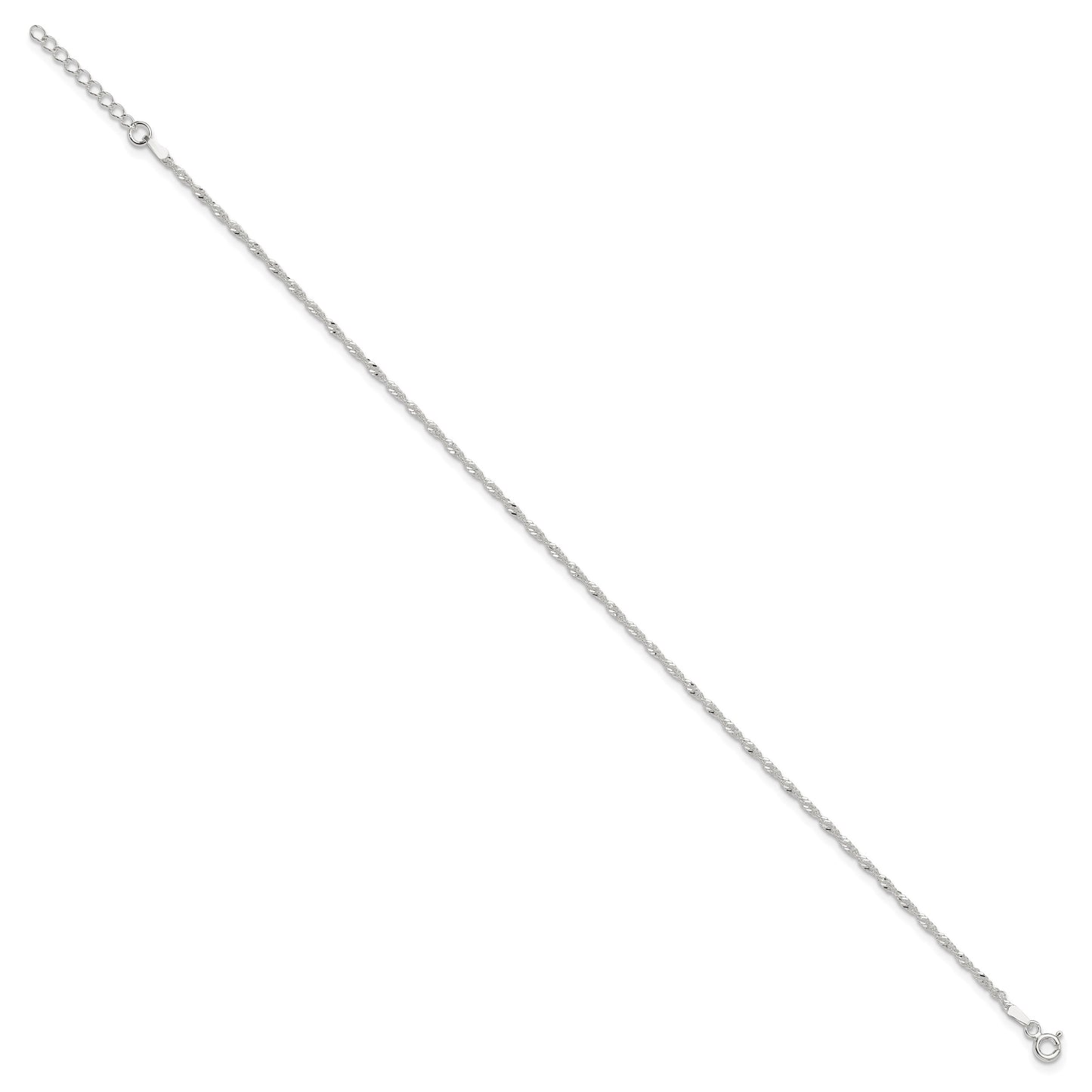Sterling Silver 1.5mm Singapore Chain 9 inch Plus 1 inch Extender - Total 10 inch Anklet