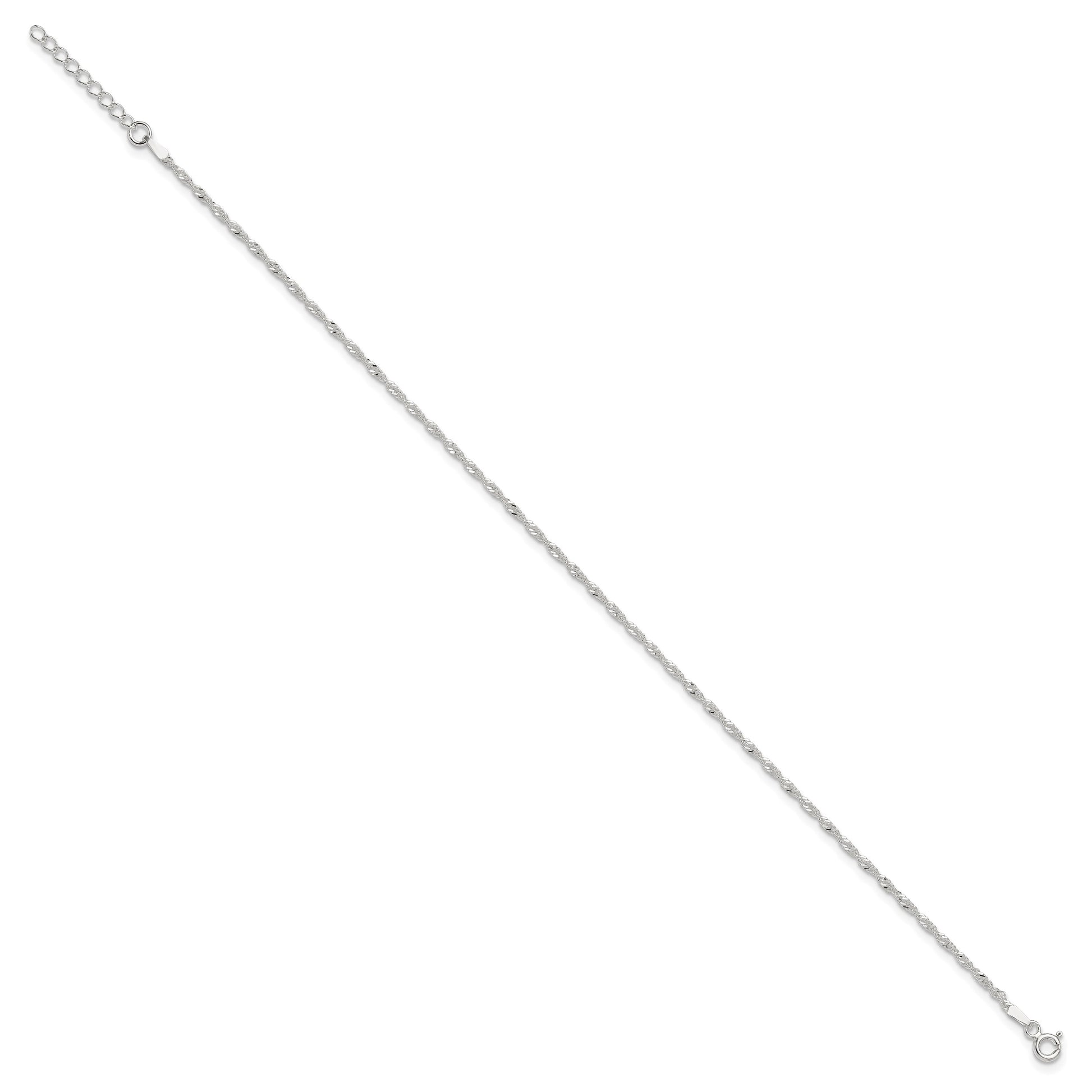 Sterling Silver 1.5mm Singapore Chain 9 inch Plus 1 inch Extender - Total 10 inch Anklet