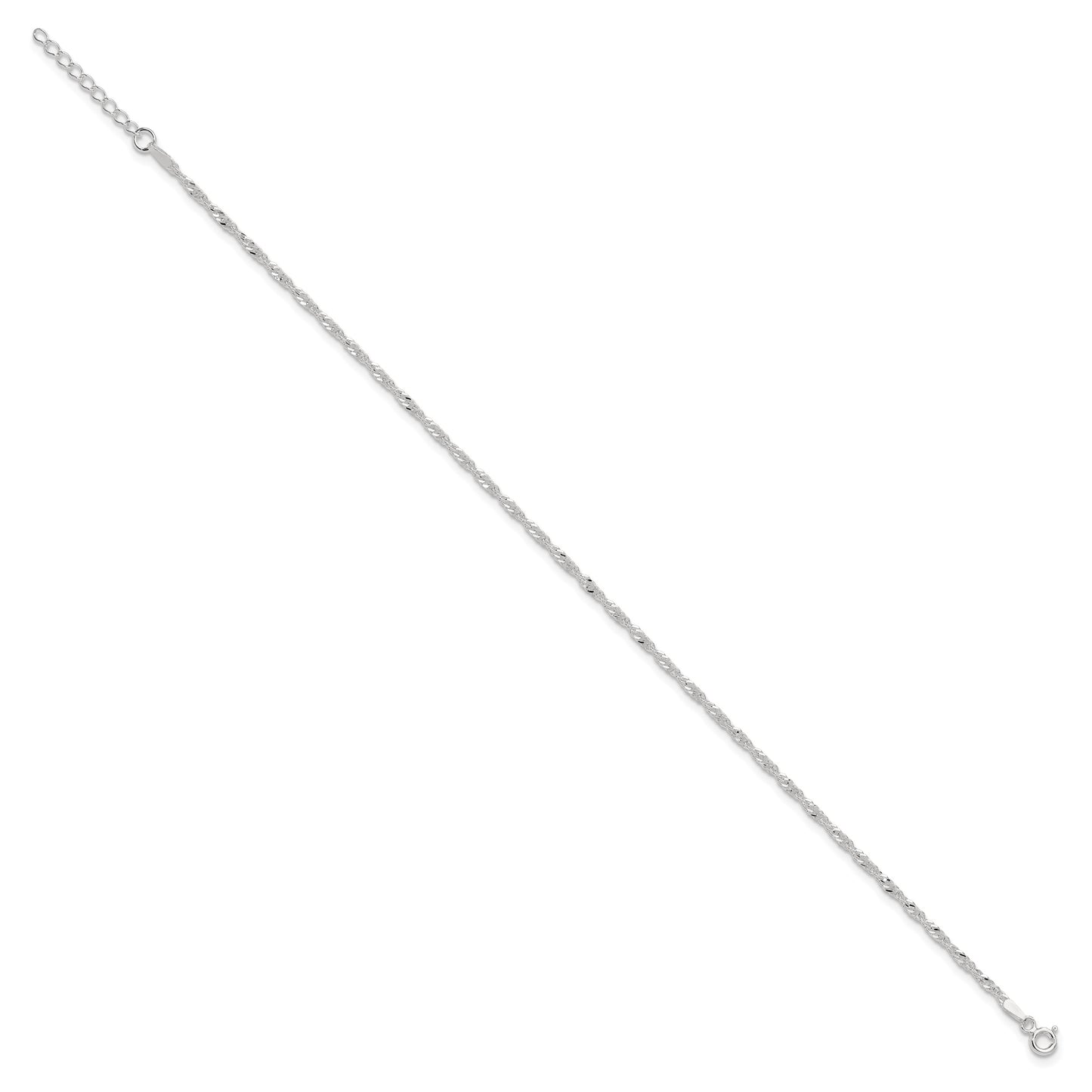 Sterling Silver 2mm Singapore Chain 9 inch Plus 1 inch Extender Chain - Total 10 inch Anklet