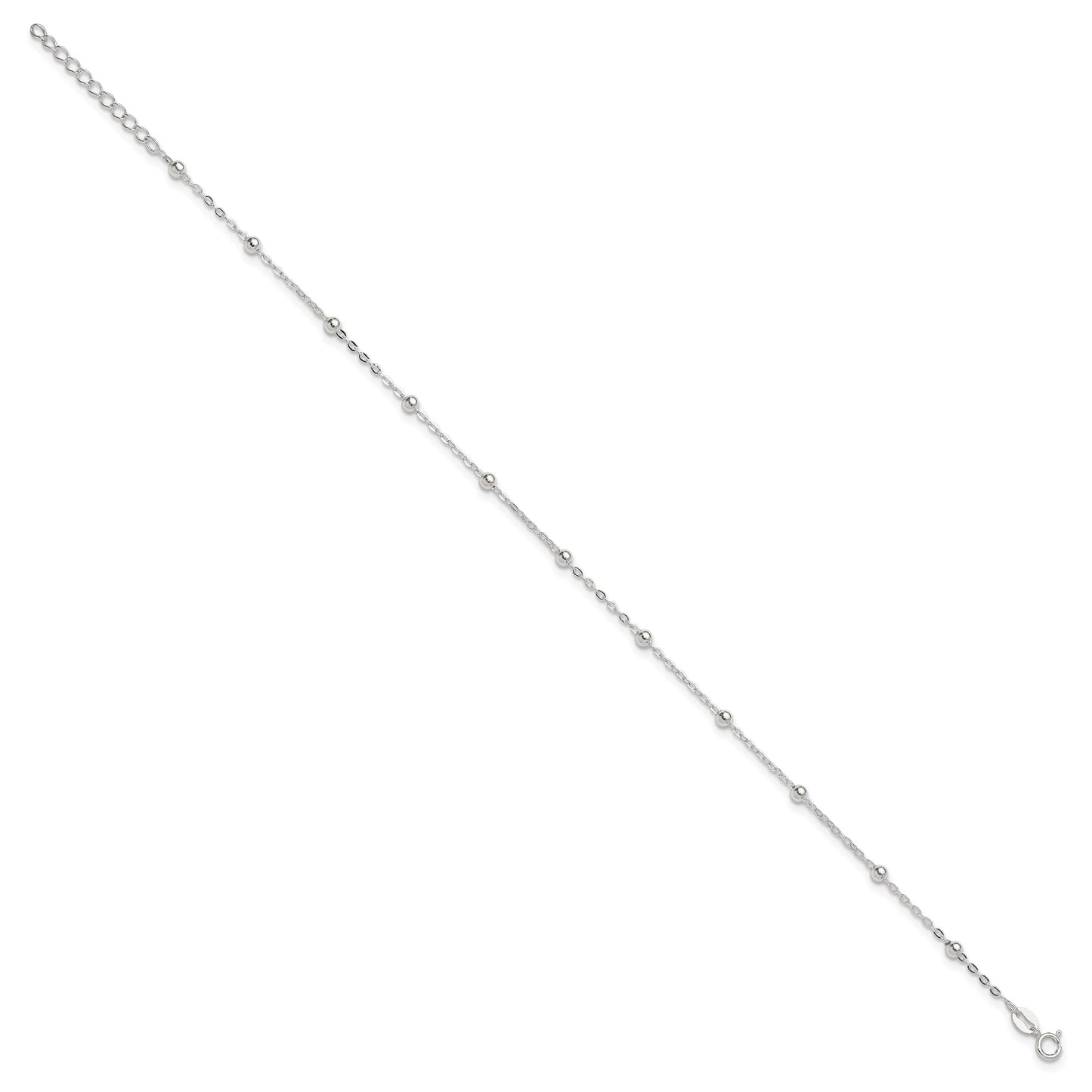 Sterling Silver 1mm Beaded Chain 9 inch Plus 1 inch Extender - Total 10 inch Anklet