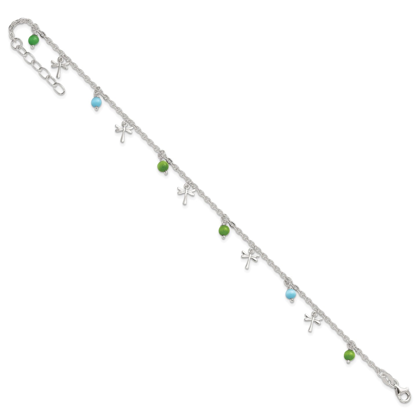 Sterling Silver Dragonfly with Aqua and Green Beads 10 inch Plus 1 inch Extender - Total 11 inch Anklet