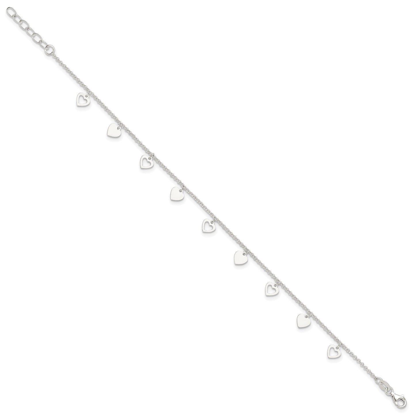Sterling Silver Double Heart 9 inch Plus 1 inch Extender - Total 10 inch Anklet