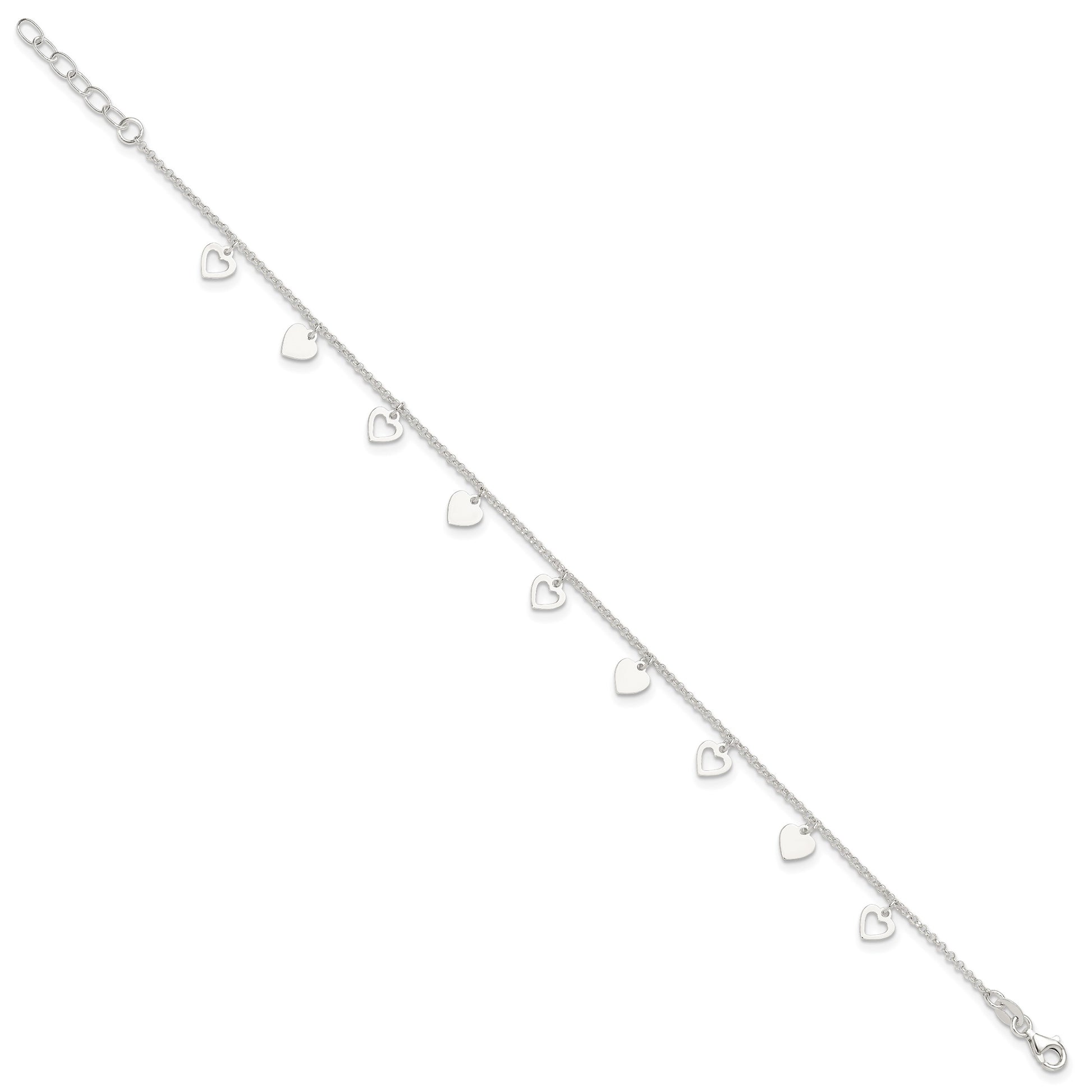 Sterling Silver Double Heart 9 inch Plus 1 inch Extender - Total 10 inch Anklet