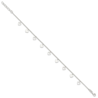 Sterling Silver Double Heart 9 inch Plus 1 inch Extender - Total 10 inch Anklet